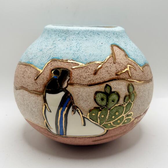GINA Native American 24kGold Handcrafted Southwestern Desert Pottery Signed Vase - Picture 1 of 9